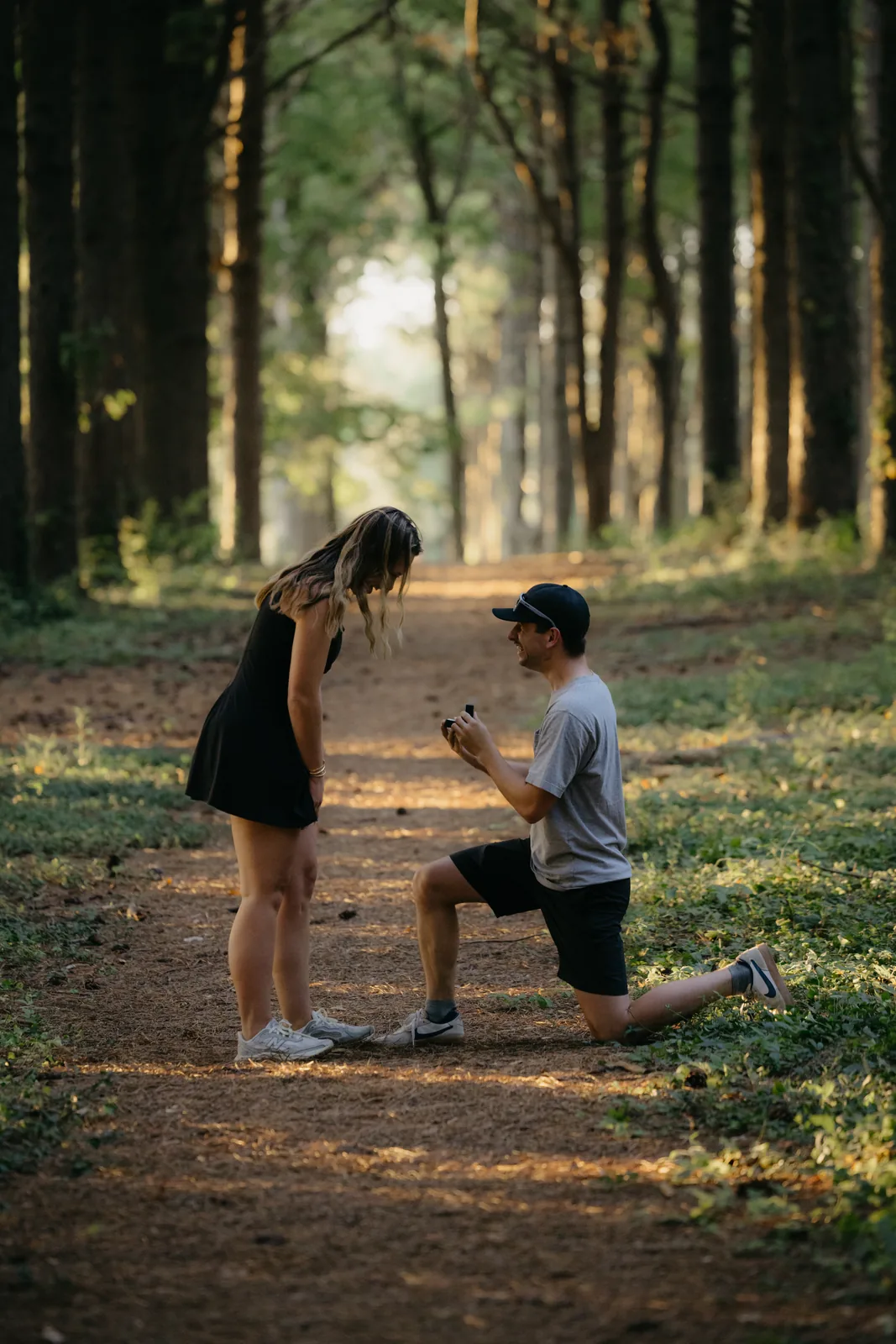 On one knee in the pines, the question mid-air